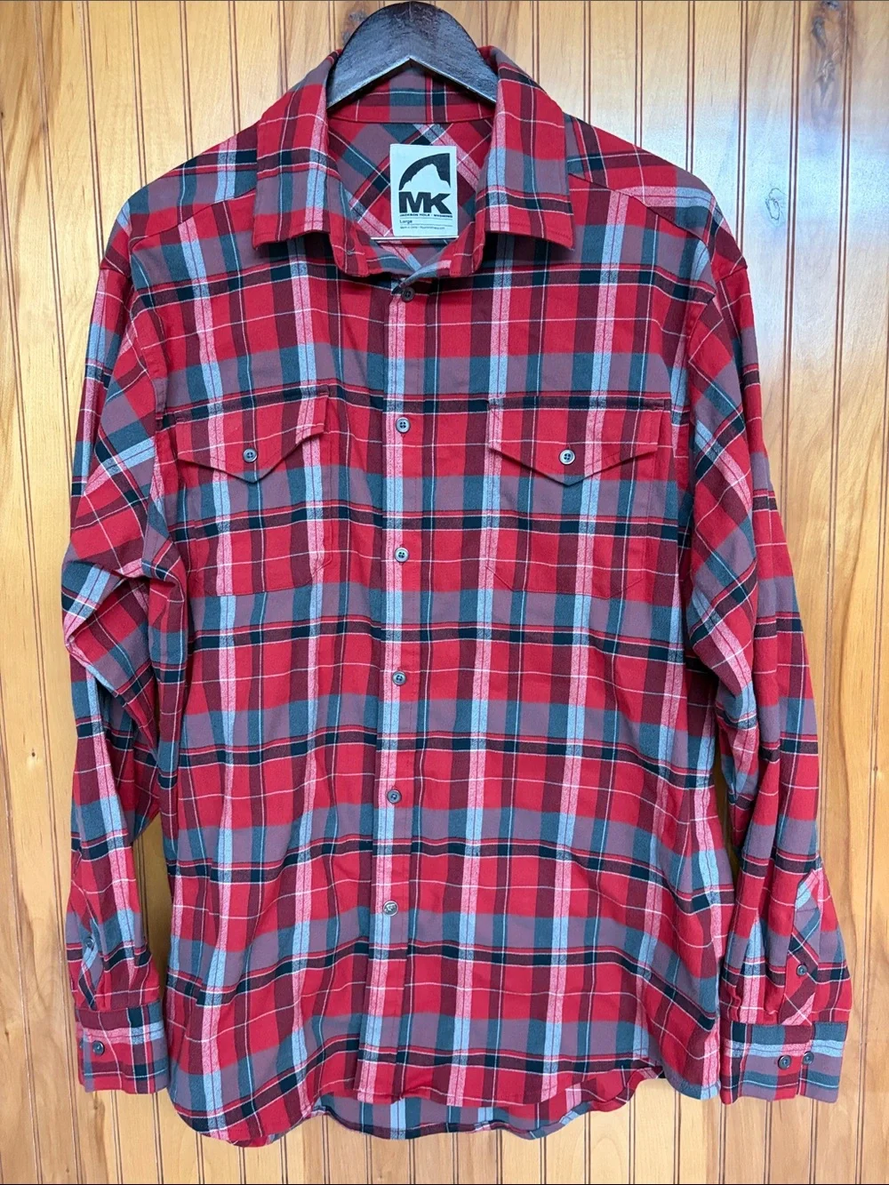Mountain Khakis Men’s Red and Gray Plaid Wool Blend Flannel Button-Down Shirt. L